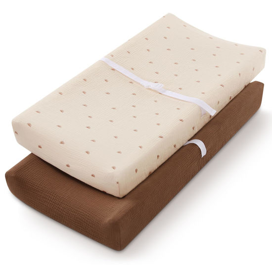 Picture of Blissful Diary Muslin Changing Pad Cover for Girls Boys, Ultra Soft Breathable Cotton, Baby Diaper Change Table Pad Covers, 2Pack (Sunshine&Brown)