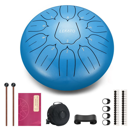 Picture of LEKATO Rain Drum for Outside Garden, Steel Tongue Drum 10 Inch 11 Notes, D Major Hanpan Drum Percussion for Meditation Yoga Musical Education, Christmas Birthday Music Gift for Beginners,Sky Blue