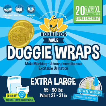 Picture of Bodhi Dog Disposable Male Dog Diapers | Super Absorbent Leak-Proof Fit | Premium Adjustable Male Dog Pee Wraps with Moisture Control & Wetness Indicator | 20 Count Extra Large Size