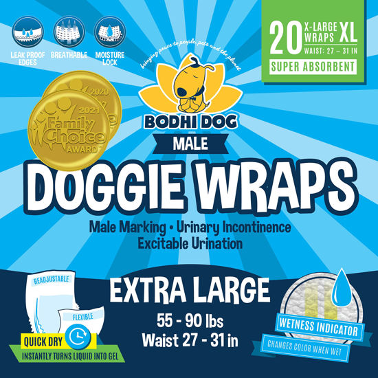 Picture of Bodhi Dog Disposable Male Dog Diapers | Super Absorbent Leak-Proof Fit | Premium Adjustable Male Dog Pee Wraps with Moisture Control & Wetness Indicator | 20 Count Extra Large Size