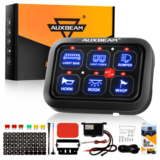 Picture of Auxbeam 6 Gang Switch Panel BC60, Universal Circuit Control Relay System Box with Automatic Dimmable On-Off LED Switch Pod Touch Switch Box for Car Pickup Truck UTV ATV Boat, 2 Years Warranty, Blue