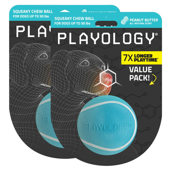 Picture of Playology Squeaky Chew Ball for Dogs | Engaging All-Natural Peanut Butter Scented Dog Toy for Medium Dogs up to 50lbs, Value 2-Pack | Squeak, Fetch, and Play!