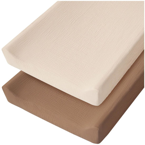 Picture of Konssy 2 Pack Muslin Changing Pad Cover for Baby Girls Boys 100% Cotton Fitted Diaper Changing Table Cover Set, Soft Changing Pad Sheets (Brown,Cream)
