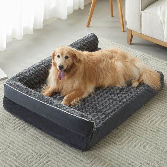 Picture of BFPETHOME Extra Large Orthopedic Dog Bed, L-Shaped Pet Bed for Dogs up to 100 lbs, Waterproof, Removable Washable Cover, Non-Slip Base, 48 x 35 x 7.5 inches, Dark Grey