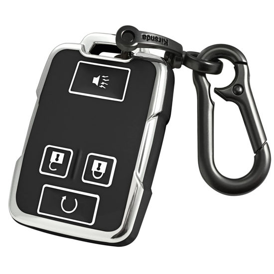 Picture of Kirsnda for GMC Key fob Cover case with Keychain,Soft TPU Key Shell/Skin,4-Buttons fit Chevy Colorado Silverado Suburban Tahoe Silverado Remote Key Vehicle Accessories(Black Silver)