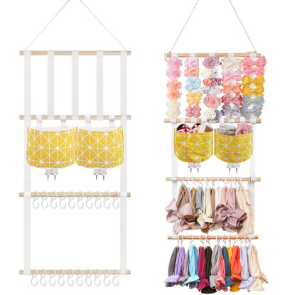 Picture of kangaroo Hairband Organizer for Baby Girls, Large Capacity Bow Holder Hair Accessories Wall Hanging Organizer with 20 S-hooks and 2 Pockets, Yellow