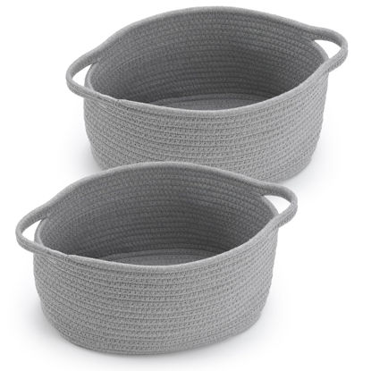 Picture of Woven Storage Basket with Handles, Cotton Nursery Container Organizer Holder for Toys Book Baby Diapers Pet Shelf Cabinet Organization Decor