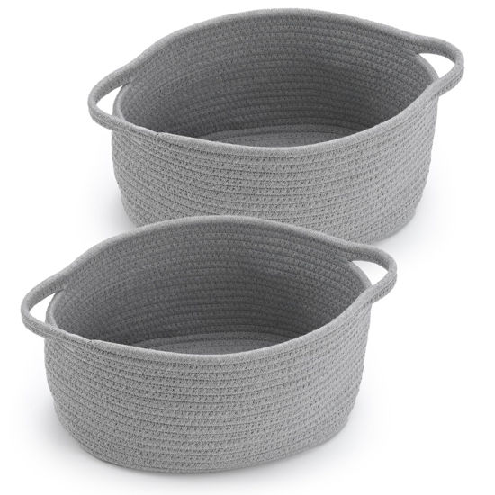 Picture of Woven Storage Basket with Handles, Cotton Nursery Container Organizer Holder for Toys Book Baby Diapers Pet Shelf Cabinet Organization Decor