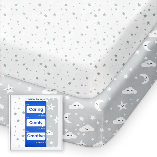 Picture of Pack and Play Sheets Fitted, TotBasic Buttery Soft Portable Crib Sheets, Compatible with Graco Pack n Play Playard Crib & Other 27 x 39 Inch Playpen Mattress, 2 Pack Playard Sheets(Grey Stars & Moon)