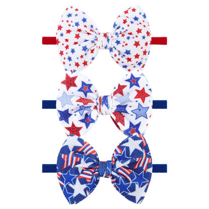 Picture of YanJie Fourth of July Patriotic Hair Accessories: Star Spangled Newborn Headbands, Nylon Bows for Infant Toddler Girls in Red, White & Blue