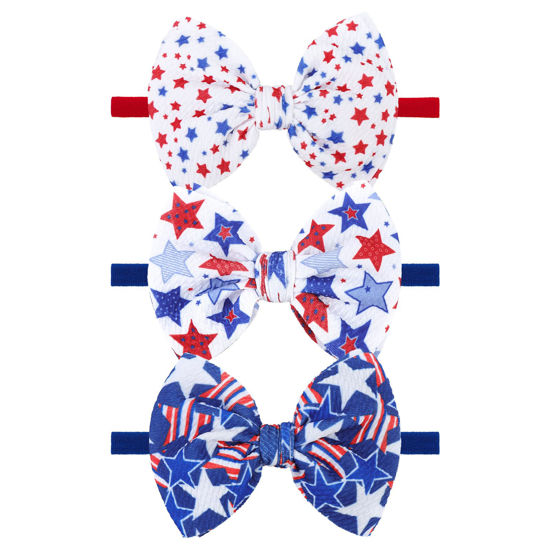 Picture of YanJie Fourth of July Patriotic Hair Accessories: Star Spangled Newborn Headbands, Nylon Bows for Infant Toddler Girls in Red, White & Blue