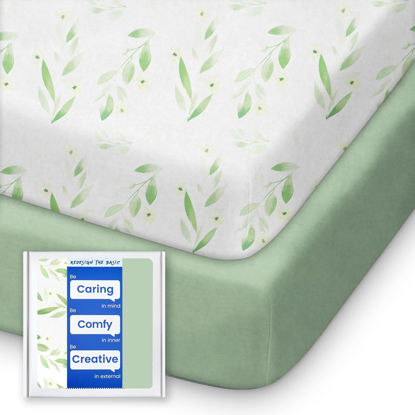 Picture of Pack N Play Sheets Fitted for Girls Boys, TotBasic Boho Mini Crib Sheets for Pack and Play/Mini Crib Mattress, Premium Soft Stretchy Jersey for Breathable Comfort - 2 Pack (Sage Green&Botanical Leaf)