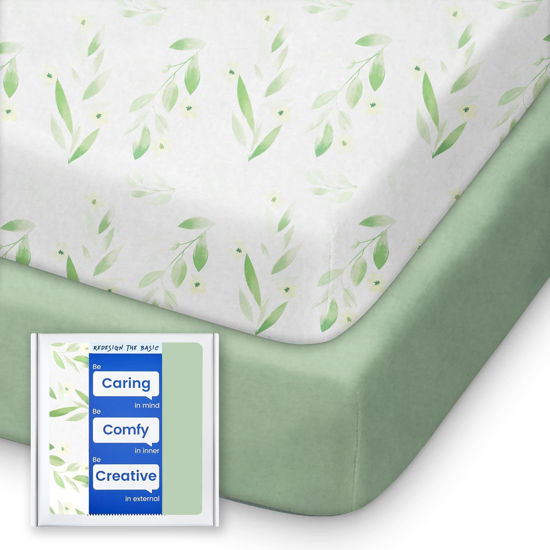 Picture of Pack N Play Sheets Fitted for Girls Boys, TotBasic Boho Mini Crib Sheets for Pack and Play/Mini Crib Mattress, Premium Soft Stretchy Jersey for Breathable Comfort - 2 Pack (Sage Green&Botanical Leaf)