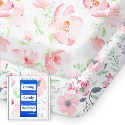 Picture of Pack N Play Sheets Girl, TotBasic Floral Mini Crib Sheets Fitted, Premium Jersey Knit Pack and Play Sheets, Stretchy Play Yard Sheets for Pack and Play Mattress, 2 Pack (Pink Floral)