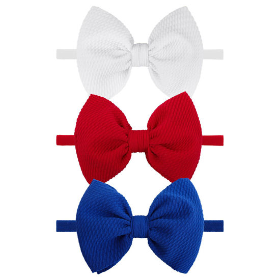 Picture of YanJie 3rd of July Hairband Nylon Baby Girl Bows with Red, White, Blue Accents - One Size Fits All Infant Toddler Headbands for Festivals, Everyday Wear, and Special Occasions - Set of 3