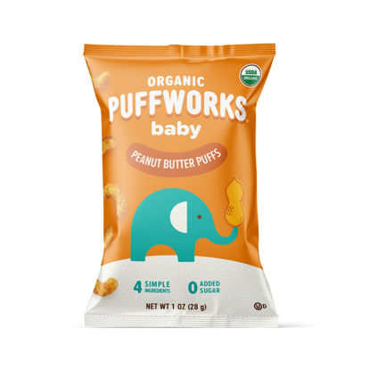 Picture of Puffworks Baby Organic Peanut Butter Puffs, Perfect for Early Peanut Introduction, Plant Protein, USDA Organic, Gluten-Free, Vegan, Non-GMO, Kosher, 1.0 Ounce (Pack of 6)