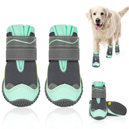 Picture of SlowTon Dog Shoes for Large Small Medium Dogs - Waterproof Dog Boots for Summer Hot Pavement, Paw Protector for Outdoor Walking Winter Snow, Anti-Slip Rubber Dog Booties for Hard Floor (Green Gray, 8)
