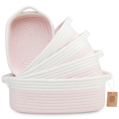Picture of NaturalCozy 5-Piece Rectangle Storage Basket Set- Natural Cotton Rope Woven Baskets for Organizing! Small Basket for Montessori, Baby Nursery, Dog Toy Baskets, Cat Toy Box, Bathroom Organization Bin