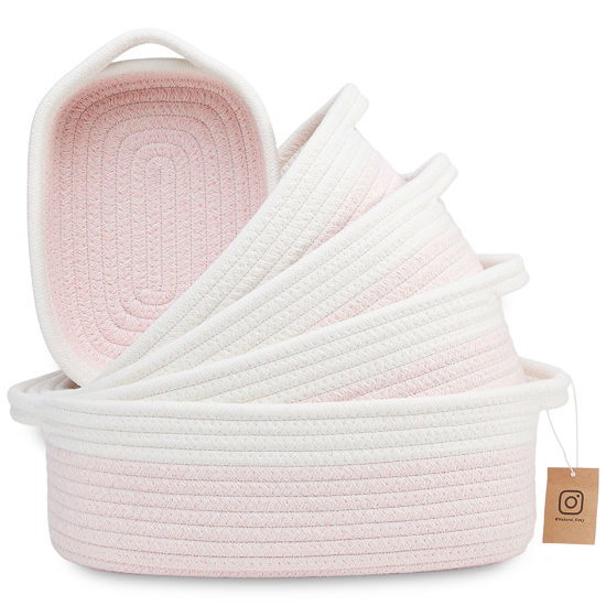 Picture of NaturalCozy 5-Piece Rectangle Storage Basket Set- Natural Cotton Rope Woven Baskets for Organizing! Small Basket for Montessori, Baby Nursery, Dog Toy Baskets, Cat Toy Box, Bathroom Organization Bin