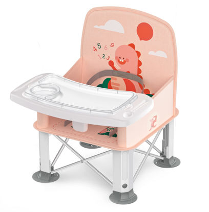Picture of Baby Travel Booster Seat with Double Tray, BabyBond Upgraded Toddler Portable Baby Chair, Booster Seat for Dining Table, Stable and Foldable Booster Baby Chair for Indoor/Outdoor (Pink Dinosaur)