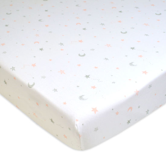 Picture of American Baby Company Fitted Mini Crib Sheet 24" x 38", Soft Breathable Neutral 100% Cotton Jersey Portable Sheet, Pink Stars and Moons, for Boys and Girls, Fits Most Pack N Play Mattresses