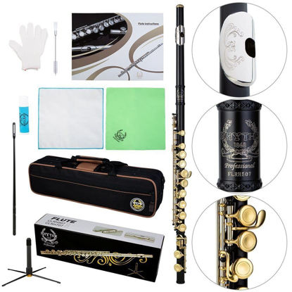 Picture of Rhythm C Flutes with Engraved Flower Closed Hole 16 Keys Flute For Student, Beginner with Cleaning Kit, Stand, Carrying Case, Gloves, Tuning Rod, Black with Laquer Keys