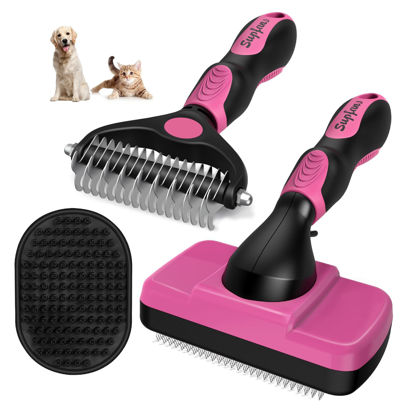 Picture of Augwind 3PCS Dog Brush I Dog Brush for Shedding I Deshedding Dog Brush I Dog Bath Brush I Slicker Brush For Dogs I Dog Comb I Premium Pet Supplies (Red Black)