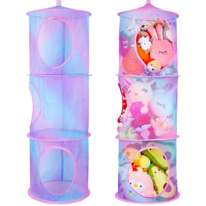 Picture of Basumee Stuffed Animals Net or Hammock 2 Pcs Stuffed Animals Storage Toy Net Hammock for Stuffed Animals Organizer Mesh Hammock Kids Girls Room Decor, Blue and Purple, 3 Tiers