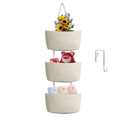 Picture of TeoKJ Over the Door Hanging Baskets, 3-Tier Woven Cotton Storage Organizer Bag with Hooks Wall-Mounted Decorative Nursery Kitchen Baskets - White