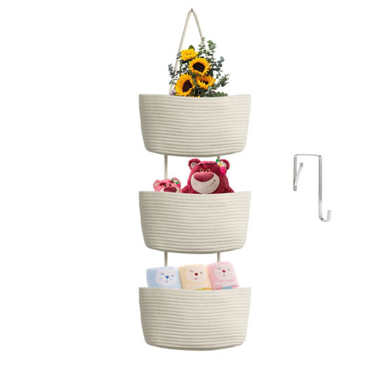 Picture of TeoKJ Over the Door Hanging Baskets, 3-Tier Woven Cotton Storage Organizer Bag with Hooks Wall-Mounted Decorative Nursery Kitchen Baskets - White