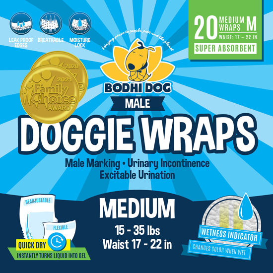Picture of Bodhi Dog Disposable Male Dog Diapers | Super Absorbent Leak-Proof Fit | Premium Adjustable Male Dog Pee Wraps with Moisture Control & Wetness Indicator | 20 Count Medium Size