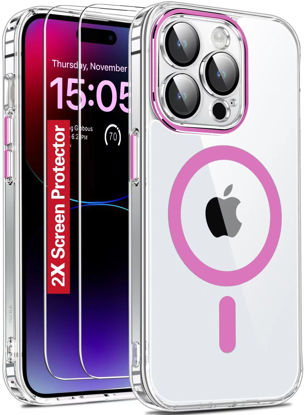 Picture of 𝟐𝟎𝟐𝟑 𝑵𝒆𝒘 Designed for iPhone 15 Pro Case Clear,[2X Screen Protector][30X Anti-Yellow][Compatible with Magsafe][Built-in Camera Protector], 15FT Shockproof iPhone 15 Pro Phone Case 6.1"-Pink