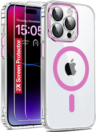 Picture of 𝟐𝟎𝟐𝟑 𝑵𝒆𝒘 Designed for iPhone 15 Pro Case Clear,[2X Screen Protector][30X Anti-Yellow][Compatible with Magsafe][Built-in Camera Protector], 15FT Shockproof iPhone 15 Pro Phone Case 6.1"-Pink