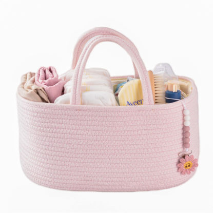 Picture of Baby Diaper Caddy Organizer for Girl Boy Rope Nursery Storage Bin Basket Portable Holder Tote Bag for Changing Table Car Travel Baby Shower Gifts Newborn Essentials Registry Must Have Items Pink