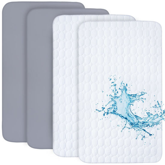 Picture of Crib Sheets and Waterproof Crib Mattress Protector 4 Pack Set,Waterproof Crib Sheets Mattress Pad Cover for Baby Boys and Girls, Grey
