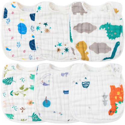 Picture of Zainpe 6Pcs Snap Muslin Cotton Baby Bibs Dinosaur Star Bear Bib, Adjustable Burp Cloths with 6 Absorbent & Soft Layers for Infants Newborns Toddlers