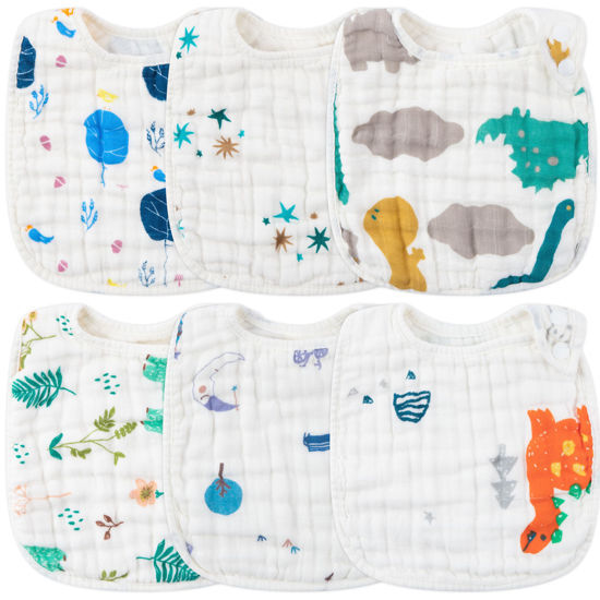Picture of Zainpe 6Pcs Snap Muslin Cotton Baby Bibs Dinosaur Star Bear Bib, Adjustable Burp Cloths with 6 Absorbent & Soft Layers for Infants Newborns Toddlers