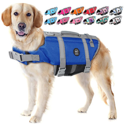 Picture of EMUST Dog Life Vests for Swimming, Adjustable Dog Life Jackets for Swimming with Reflective Stripes,Dog Water Vest for Small/Medium/Large Dogs, L, Royal Blue