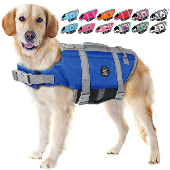 Picture of EMUST Dog Life Vests for Swimming, Adjustable Dog Life Jackets for Swimming with Reflective Stripes,Dog Water Vest for Small/Medium/Large Dogs, L, Royal Blue