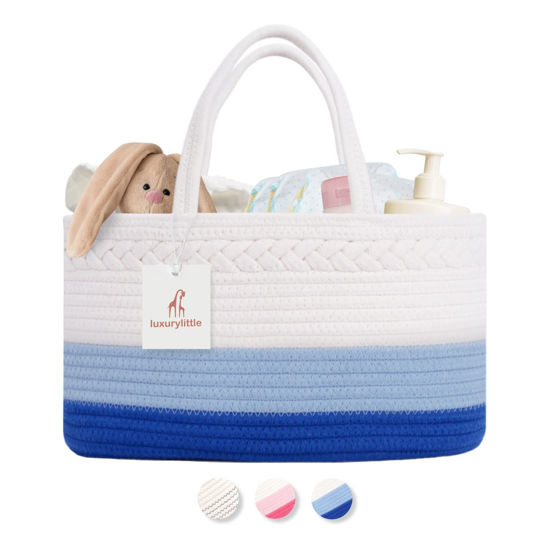 Picture of luxury little Diaper Caddy Organizer, Large Cotton Rope Nursery Basket, Changing Table Organizer for Baby Diaper Storage, Portable Car Organizer with Removable Divider, Baby Shower Gifts - Blue