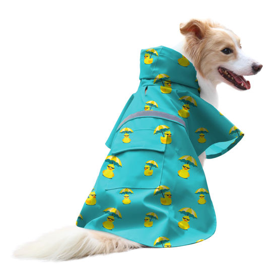 Picture of NACOCO Large Dog Raincoat Adjustable - Pet Rubber Ducks Yellow Water Proof Clothes Lightweight Rain Jacket Poncho Hoodies with Strip Reflective Pink (Lake Green 2XL, Sunglass Duck)