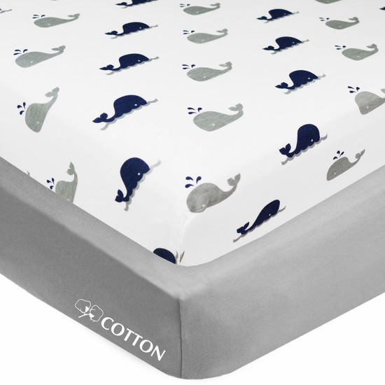 Picture of American Baby Company 2 Pack Fitted Crib Sheets 28" x 52", Soft Breathable Neutral 100% Cotton Jersey Sheet, Navy Whale and Gray, for Boys and Girls, Fits Crib and Toddler Bed mattresses