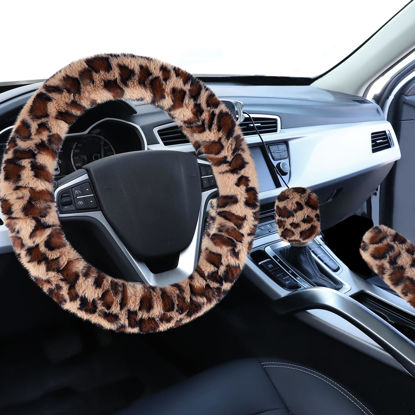 Picture of Accmor Fuzzy Car Steering Wheel Cover, Universal Fit Fur Auto Wheel Cover & Handbrake Cover & Gear Shift Cover Set, Leopard Warm Fluffy Vehicle Wheel Protector Car Accessories for Men Women (Brown)