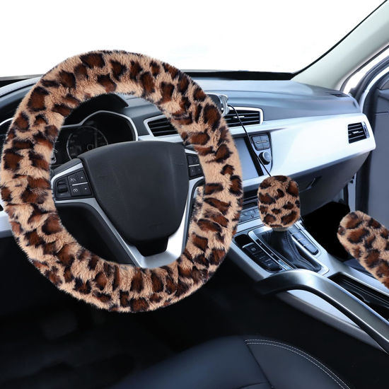 Picture of Accmor Fuzzy Car Steering Wheel Cover, Universal Fit Fur Auto Wheel Cover & Handbrake Cover & Gear Shift Cover Set, Leopard Warm Fluffy Vehicle Wheel Protector Car Accessories for Men Women (Brown)