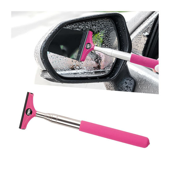 Picture of 8sanlione Car Rearview Mirror Wiper, American Flag Telescopic Auto Mirror Squeegee Cleaner, Glass Mist Cleaning Tool with Retractable 98cm Handle, Portable Car Windows Water Removal (Pink/Car Logo)