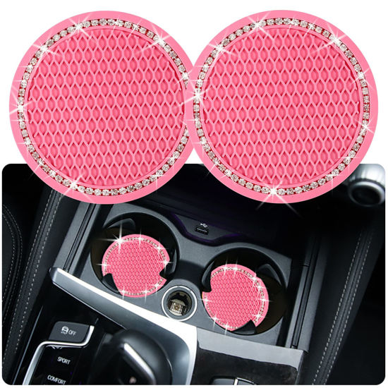 Picture of 2PCS Bling Car Cup Coaster, 2.75 Inch Auto Car Cup Holder Insert Coasters Silicone Anti-Slip Crystal Rhinestone Drink Car Cup Mat, Universal Vehicle Interior Accessories for Women Girls (Pink)