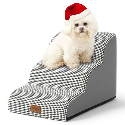 Picture of COZY KISS Dog Stairs for Small Dogs 15.7" H, Curved Dog Step for Puppy, Older Cat, Medium Dog, Pet Ramp for Sofa, Couch or Bed, Ladder with High Density Foam, 15.7x22.4x15.7 inch, 3 Step, White Black