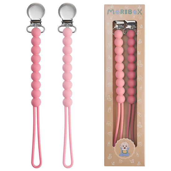Picture of Pacifier Clips Baby Girls - MORIBOX Paci Clip Soothe Baby Binky Holder for Shower Birthday Gift 2 Pack