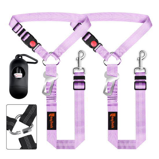 Picture of Removable Dog Seat Belts Harness for Car, 3 in 1 Pet Dog Car Seatbelt Leash, laqibak Restraint Secures to Headrest and Reflective Effect Adjustable Bungee Dog Seatbelt Tether, 2PCS and Poop Bag Holder
