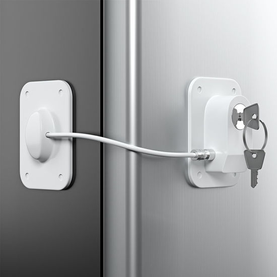 Picture of RORMGO Refrigerator Lock 2 Packs, Fridge Lock with Silicone Wire Protection Fridge Locks for Kids Easy to Use and Install Fridge Locks with Key Surface-Friendly Freezer Lock, White